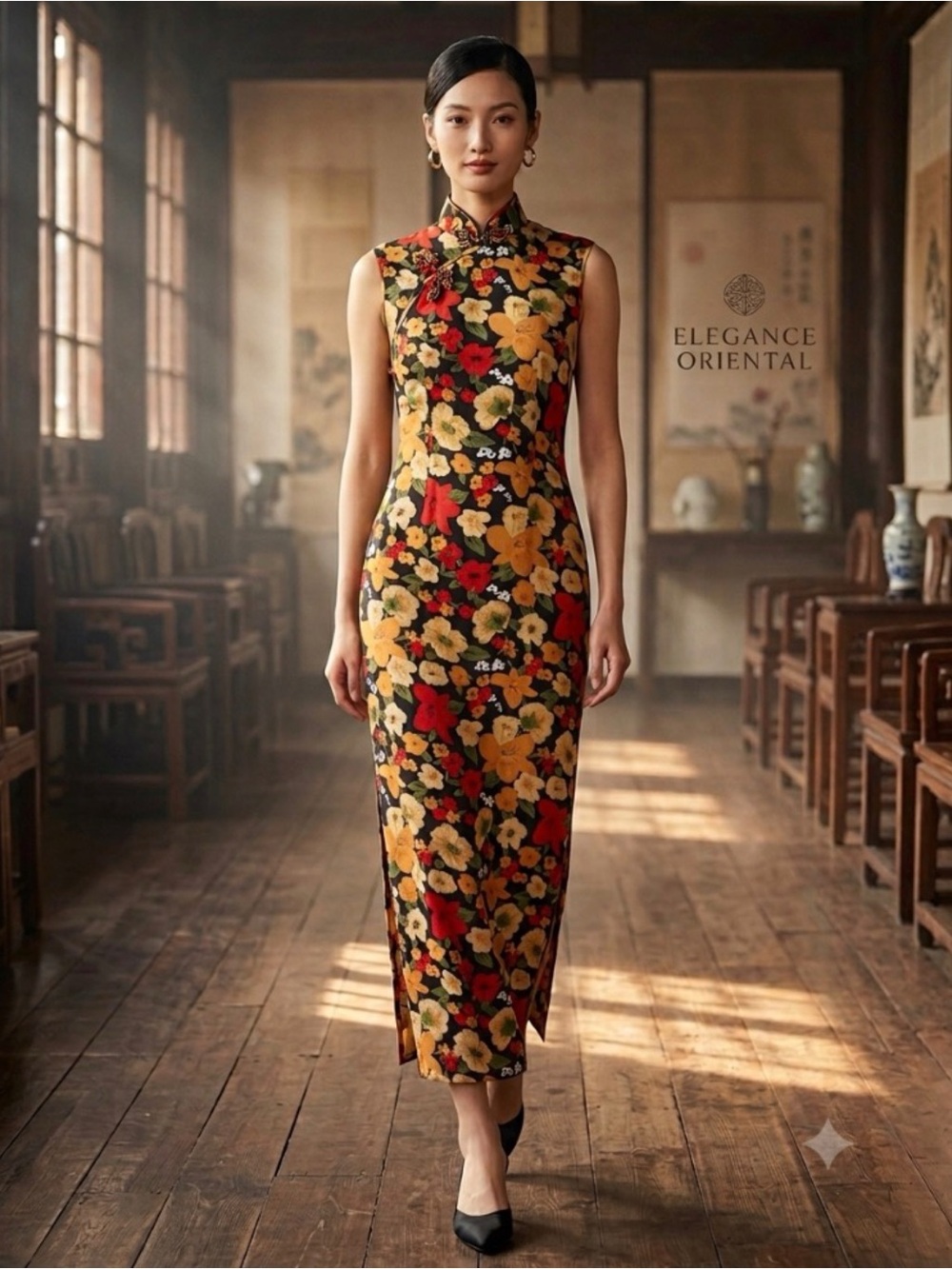Vintage MCM Hua Yi Sleeveless Floral Qipao Cheongsam Mandarin Collar Dress S